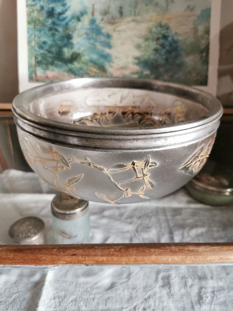 アンティーク サグリエ ドーム アシッド＆透明ガラス 宿り木 蒲公英 銀縁大深鉢