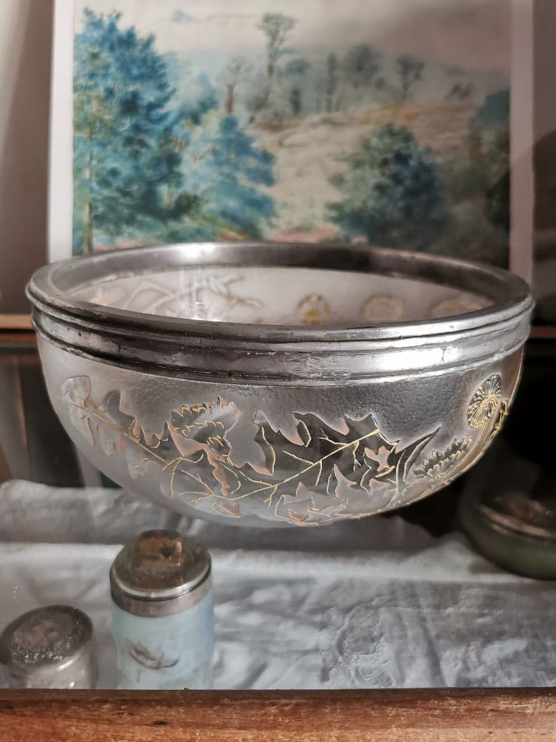 アンティーク サグリエ ドーム アシッド＆透明ガラス 宿り木 蒲公英 銀縁大深鉢