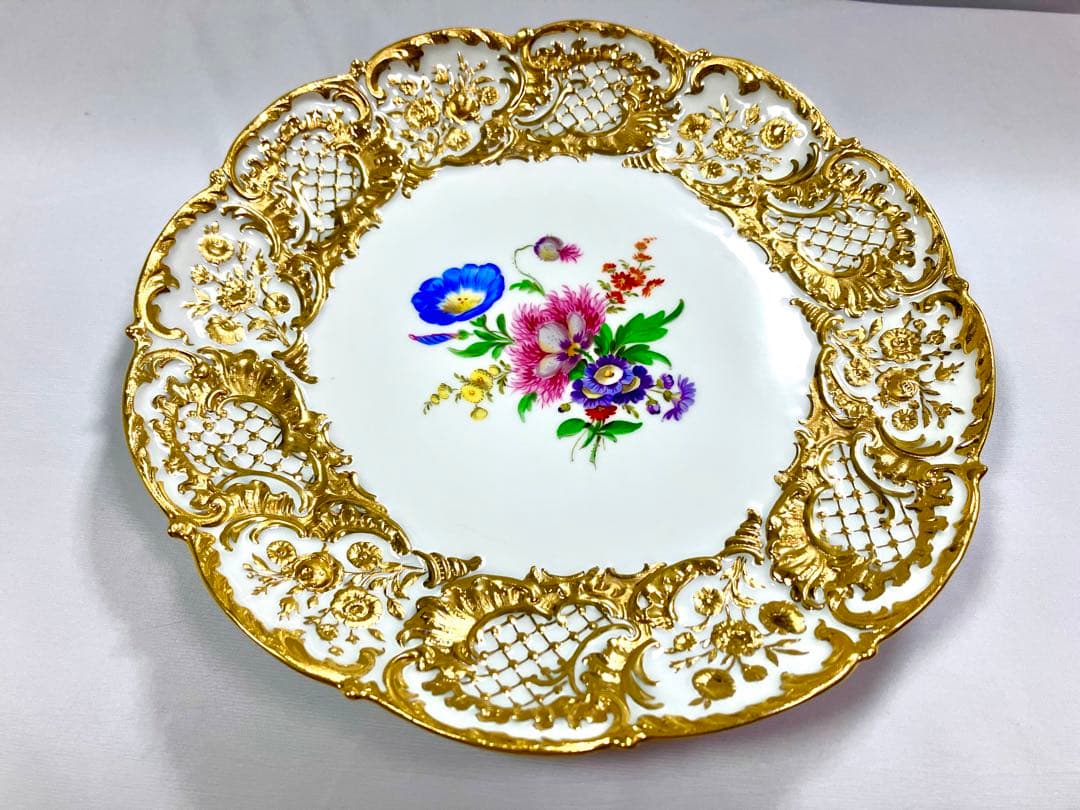 古マイセン プレート 7つの花 金彩Meissenアンティーク