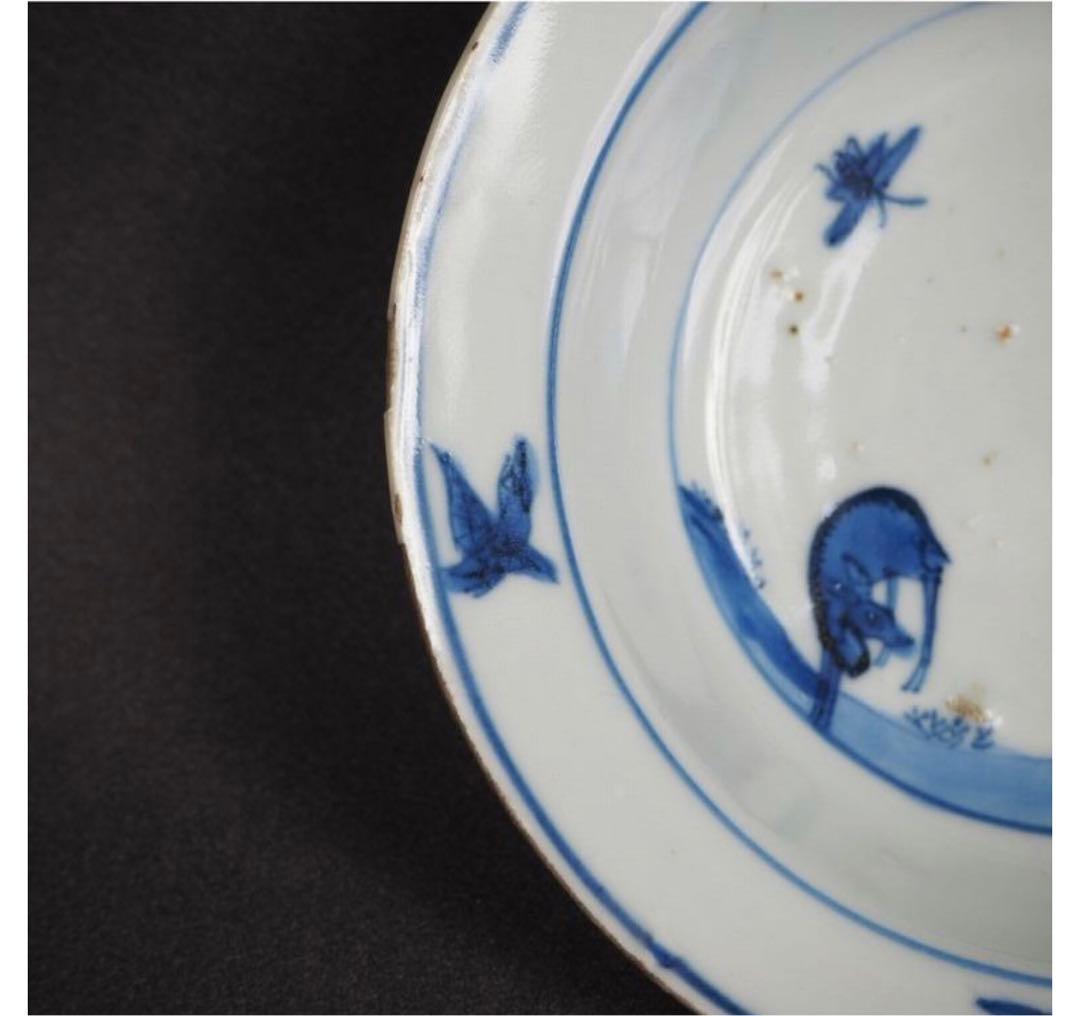 送料無料　明時代　鹿図染付平碗５客　本物保証　中国古玩