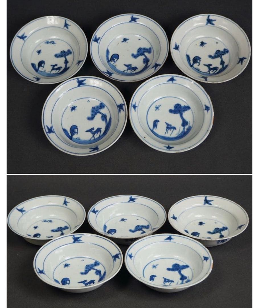 送料無料　明時代　鹿図染付平碗５客　本物保証　中国古玩