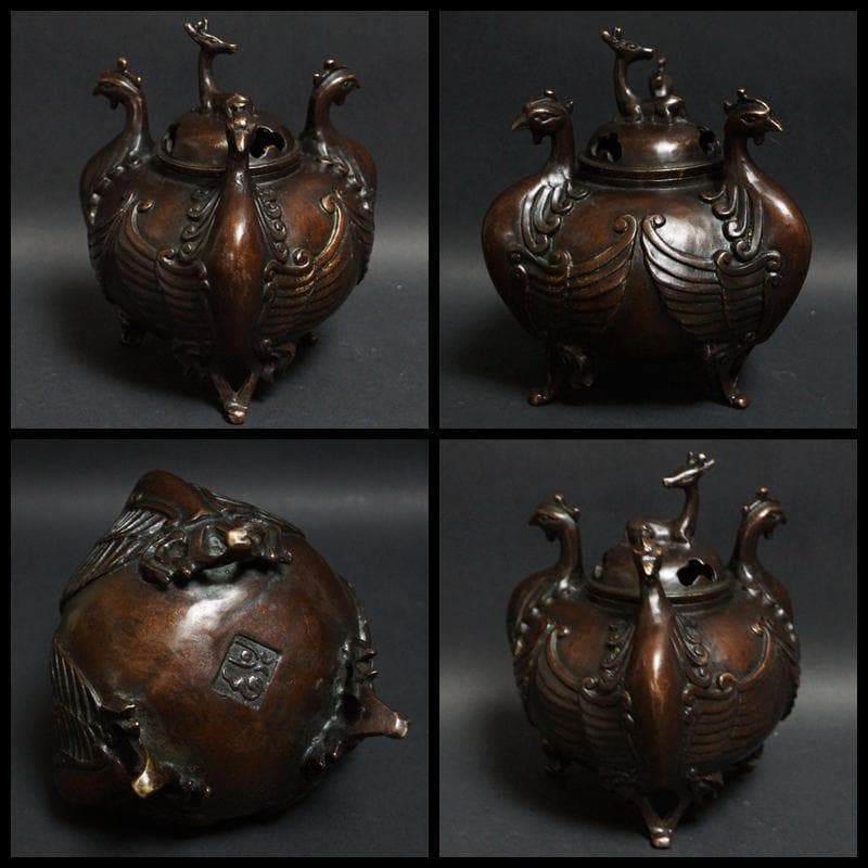 明治期 古銅製 了谷造 金工細工『鳳凰文』香炉 鹿摘 透かし蓋 三足香炉