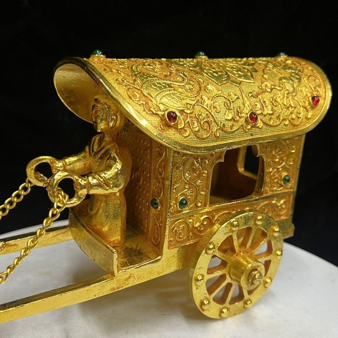 中国美術品　極細工　塗金宝石嵌黄金馬車　骨董　珍蔵品
