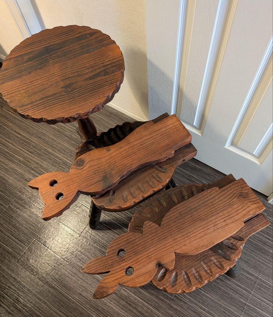 スペイン製 羊飼いの椅子 ウサギと猫の木製椅子とテーブルセット アンティーク