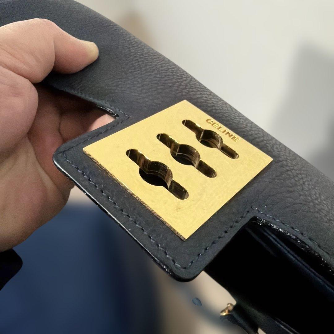 CELINE マンテル ハンドバッグ レザー ネイビー　ヴィンテージ　セリーヌ