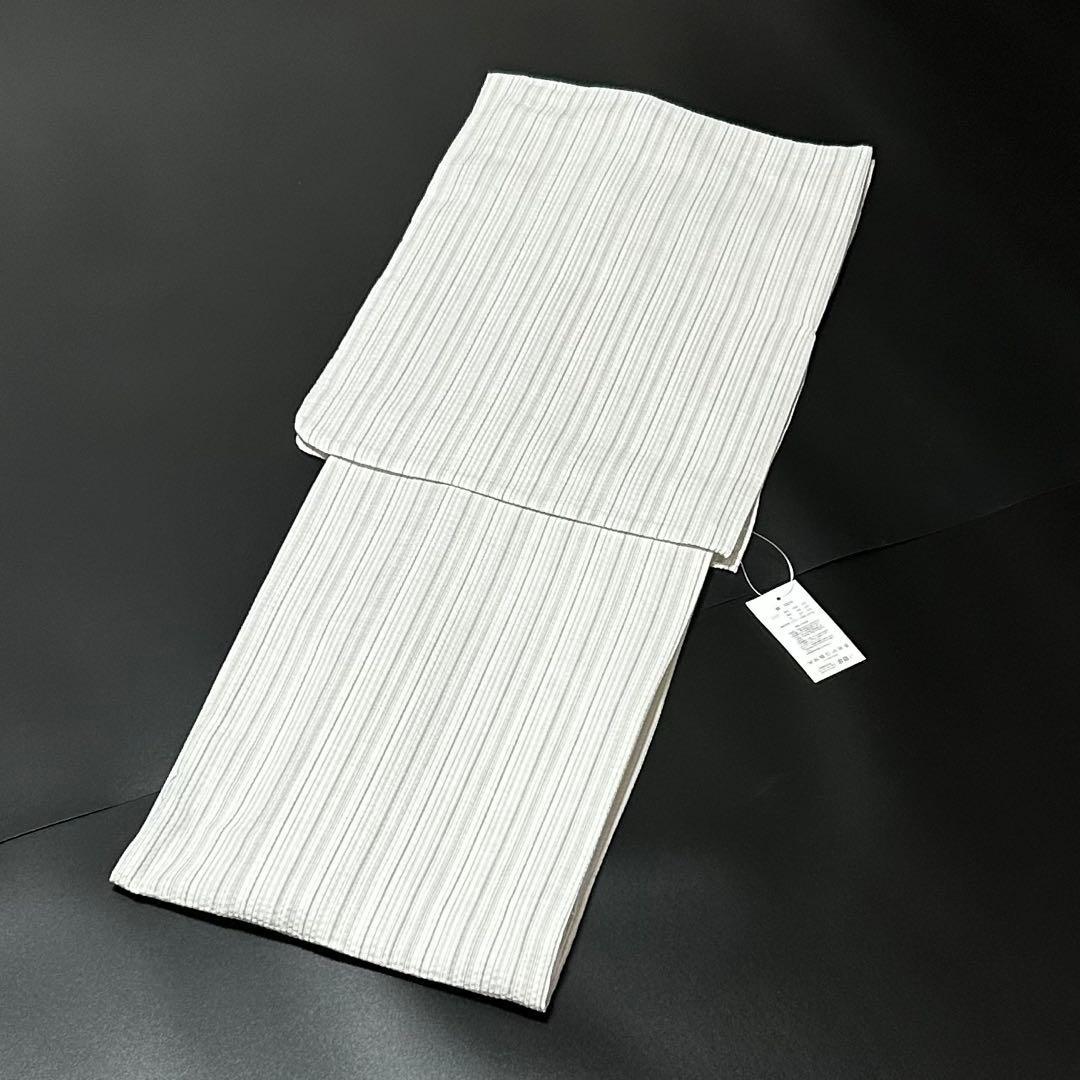 古典しじら織　浴衣　綿　粋な夏着物　縞柄　献上帯 半幅帯白　2点　0715①