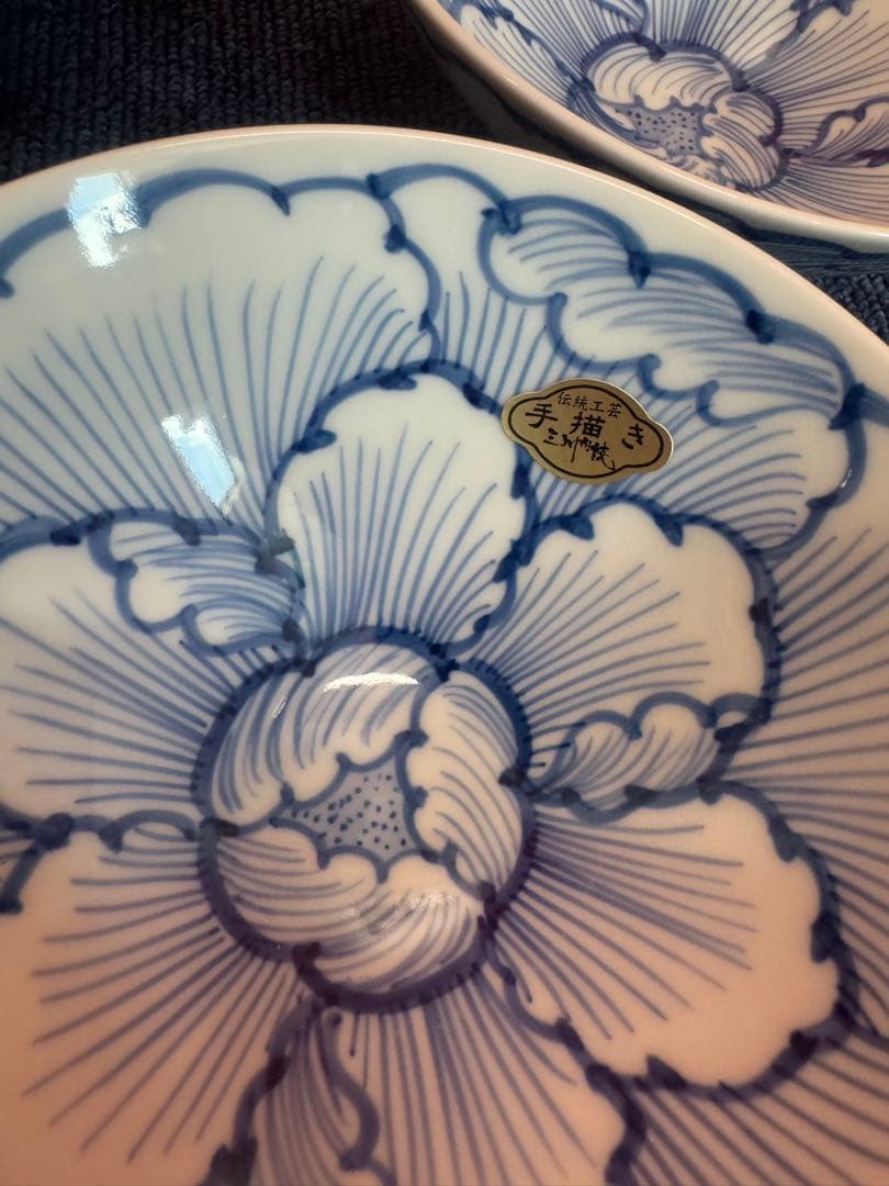 1968 三川内焼　嘉久正窯　手描き　牡丹　輪花小鉢　5客　未使用