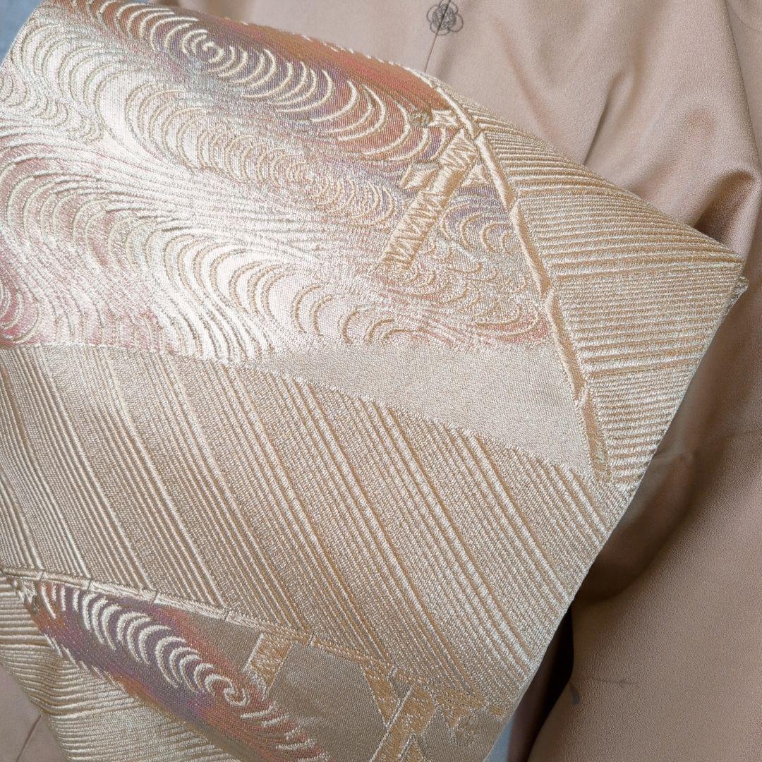 訪問着　フルセット　着物　正絹　ゴールドベージュ　Sサイズ　花　しつけ糸金　C1