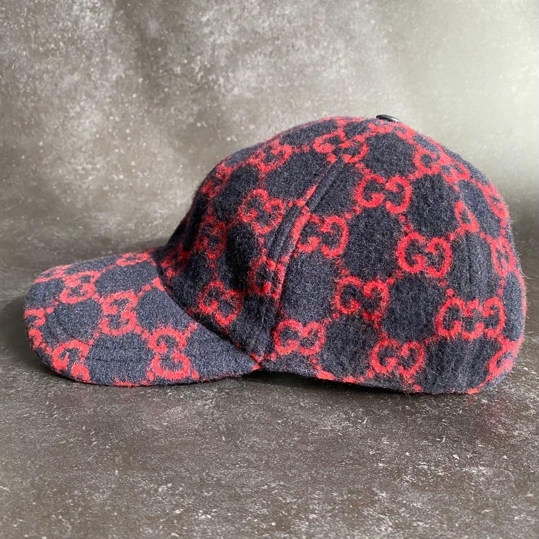 希少　グッチ　GUCCI　ベースボールキャップ　帽子　GG柄　ウール　黒　赤