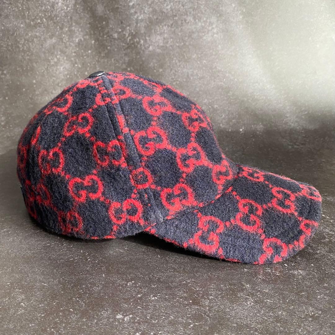 希少　グッチ　GUCCI　ベースボールキャップ　帽子　GG柄　ウール　黒　赤