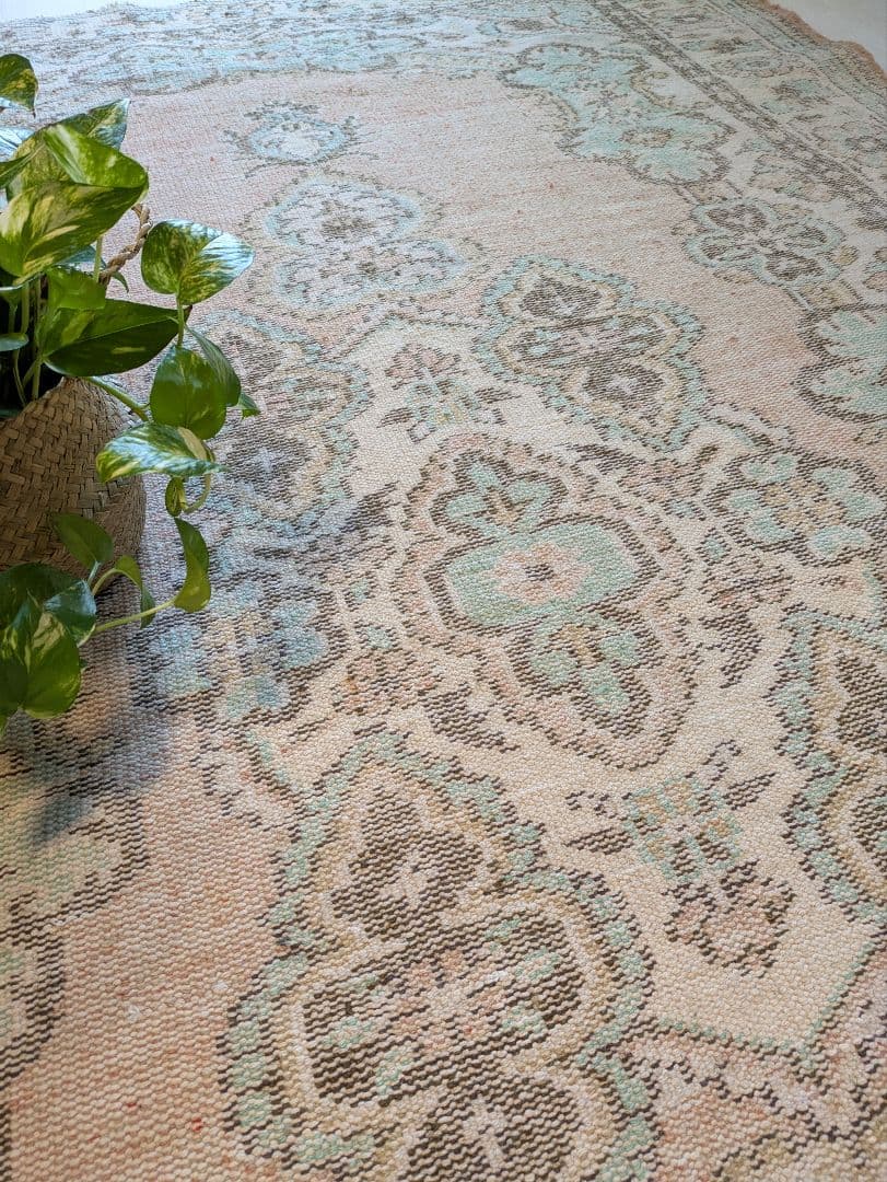 大判163×258 シャビーサーモン×エメラルドグリーン　トルコヴィンテージラグ