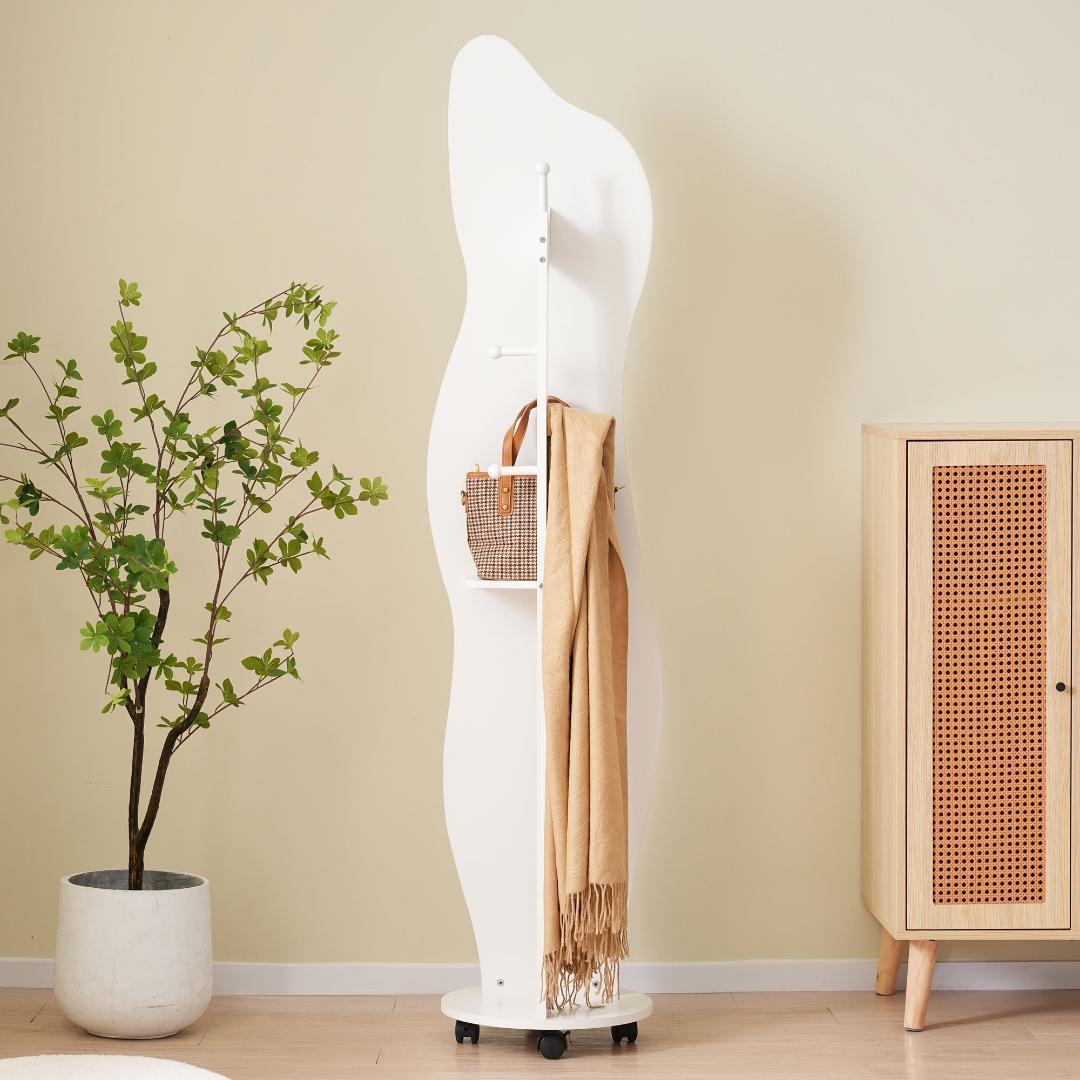 全身鏡 姿見鏡 ハンガーフック　キャスター　収納付き   飛散防止加工 ホワイト