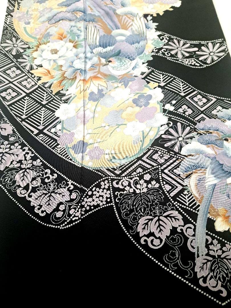 美品❇️手描友禅　刺繍　黒留め袖 　 比翼仕立て　５つ紋　フルセット