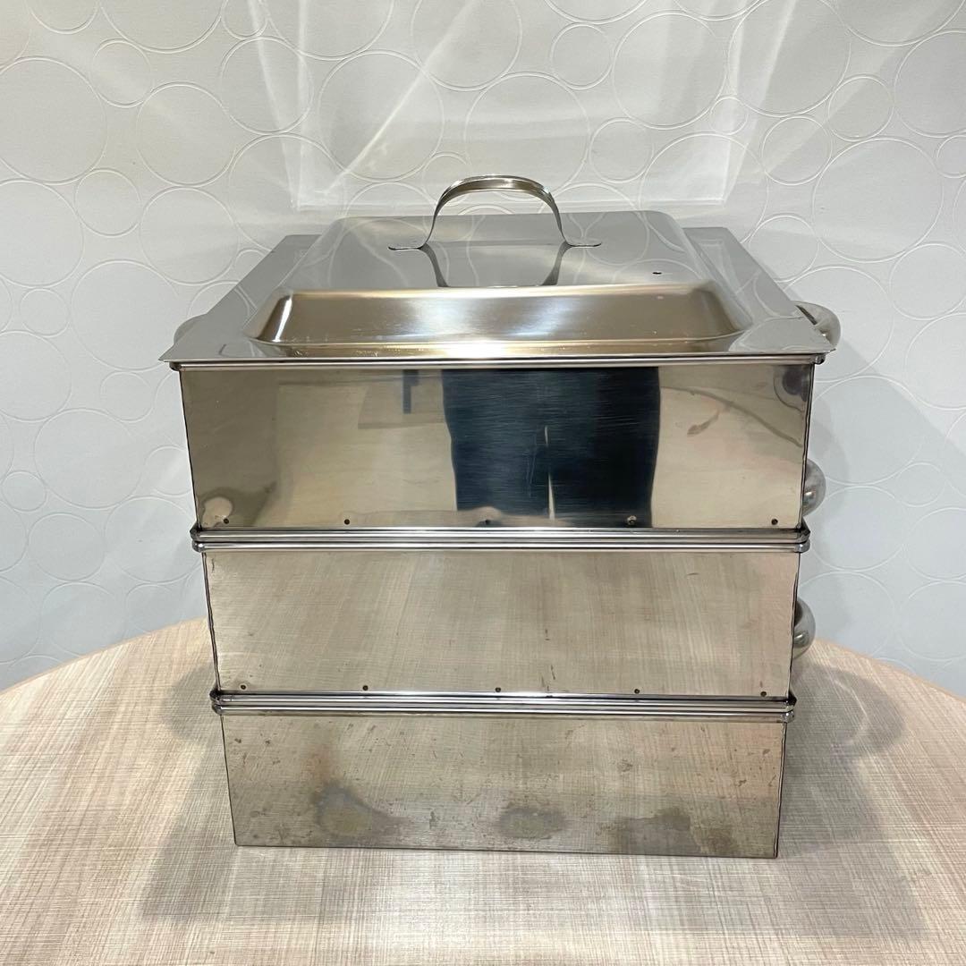 【業務用】ステンレス 角蒸し器 せいろ 三段 蓋付き 大容量　40㎝