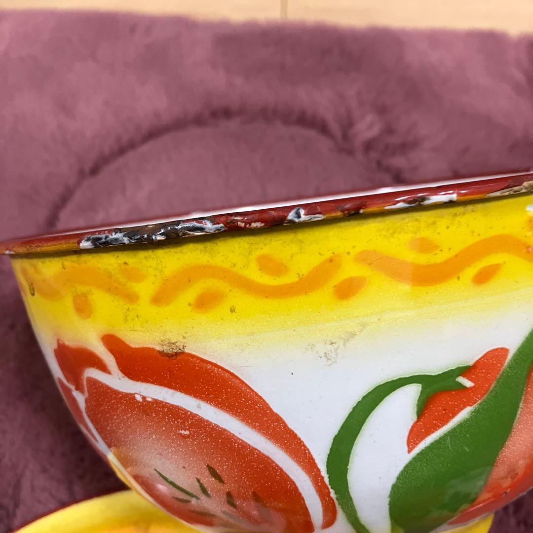 花柄ボウルセット 蓋付き 大中　ホーロー　アンティーク　ビンテージ