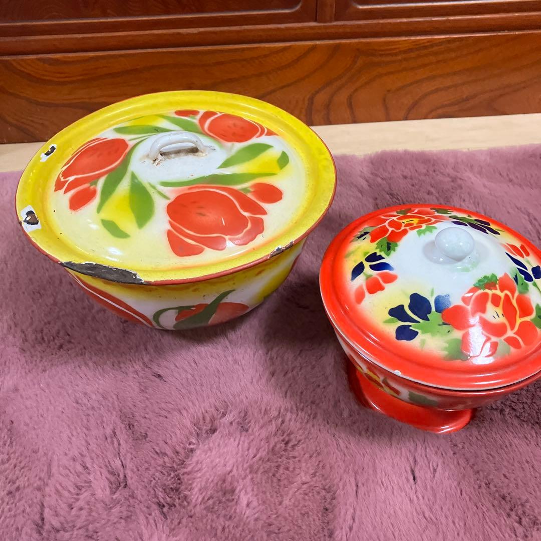 花柄ボウルセット 蓋付き 大中　ホーロー　アンティーク　ビンテージ