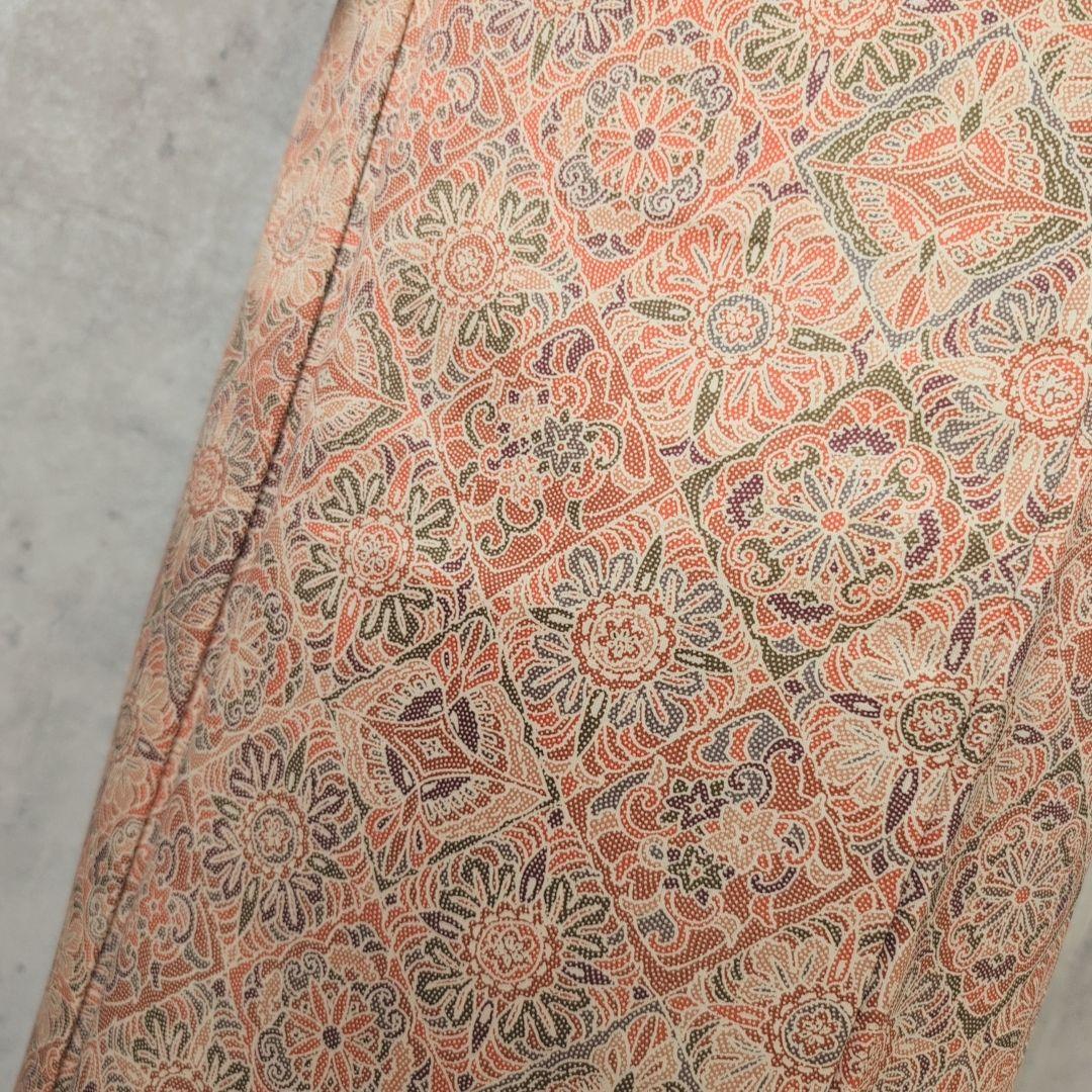 小紋　フルセット　着物　赤橙　オリエンタル　花　O5