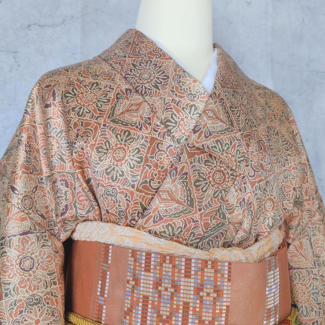 小紋　フルセット　着物　赤橙　オリエンタル　花　O5