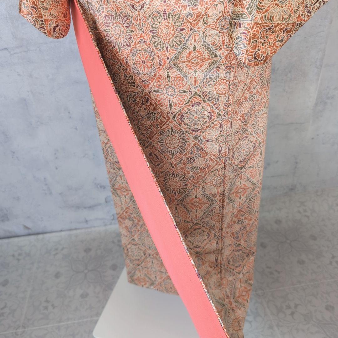 小紋　フルセット　着物　赤橙　オリエンタル　花　O5