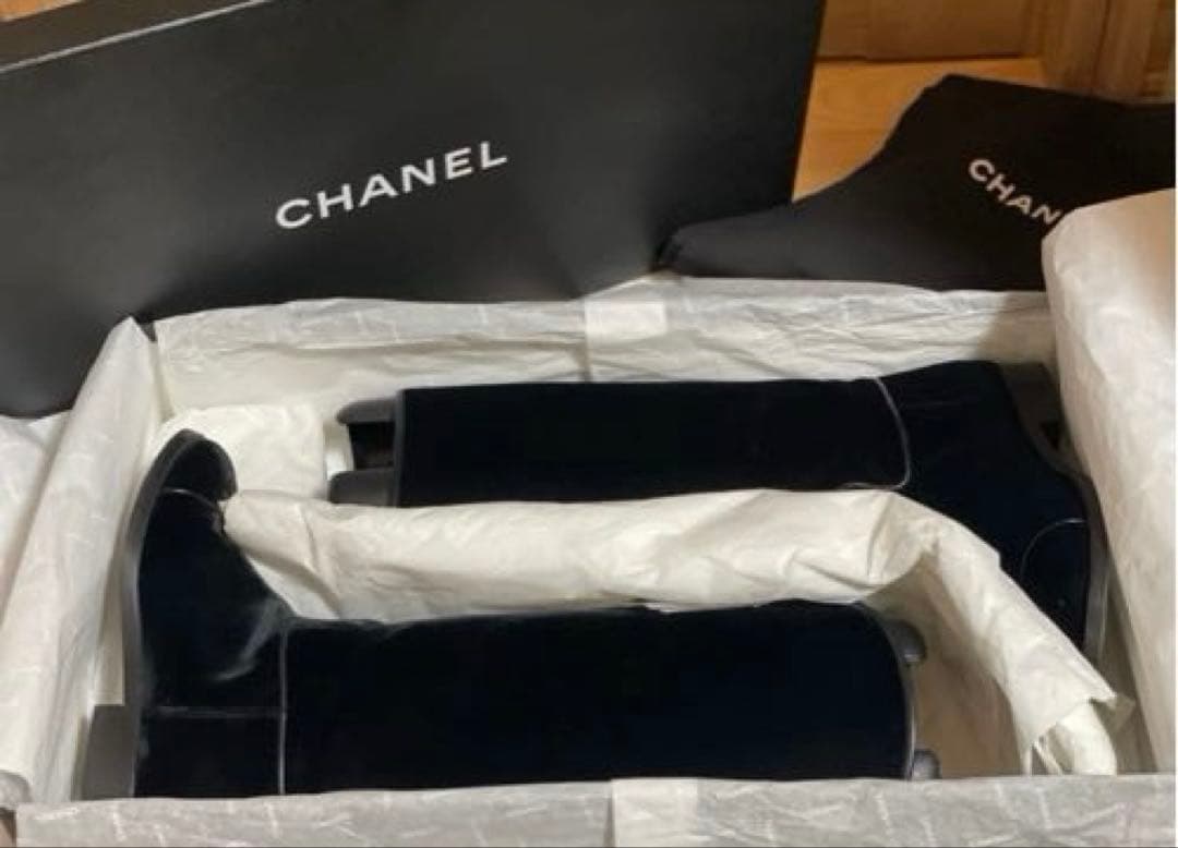 専用◇CHANELシャネルロングブーツベルベットベロアレザーCCロゴ黒本革37