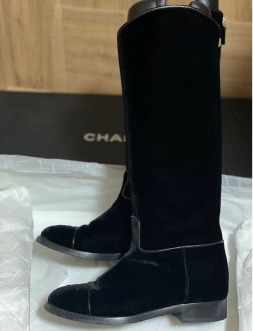 専用◇CHANELシャネルロングブーツベルベットベロアレザーCCロゴ黒本革37
