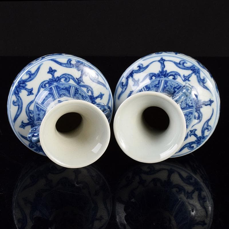 中国　景徳鎮製　青花　龍花文　双耳瓶　一對　D　R5075