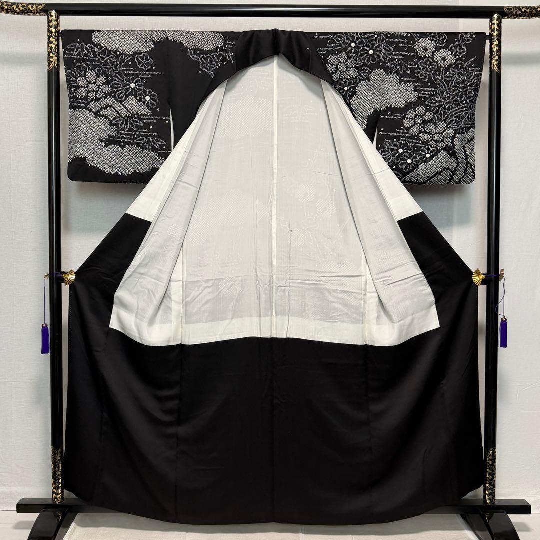 D18 訪問着 総絞り 黒地 正絹 着物 袷 美品
