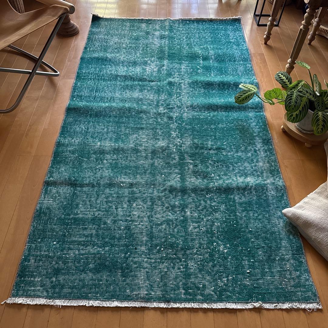 102.5×190 深みあるグリーン　ワンカラーラグ　トルコヴィンテージラグ