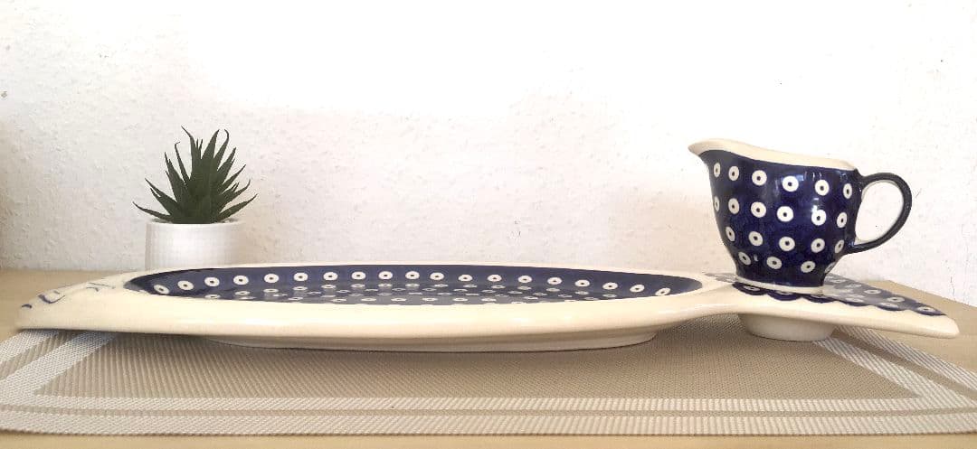 新品　ポーランド食器　魚大皿　ピーコックアイ　ソースポット　ポーリッシュポタリー