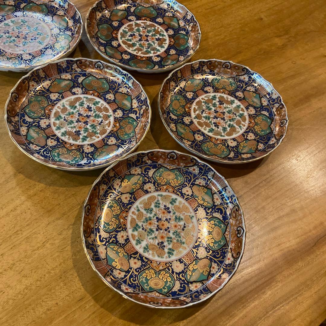 陣山窯　金襴手　金彩菊紋　和皿揃　5枚　中皿　古伊万里　色絵