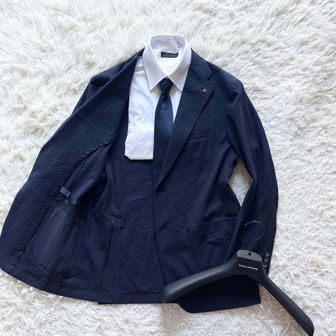 <極美品>TAGLIATORE 新ロゴ ネイビー シアサッカー ジャケット 48