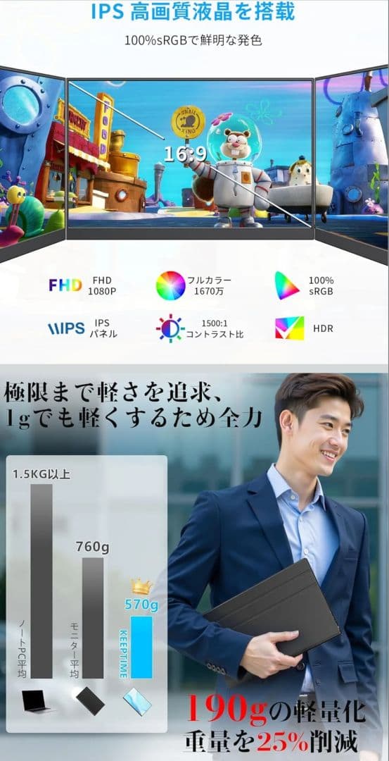 KEEPTIME モバイルモニター 15.6インチ クランプ式スタンド付き
