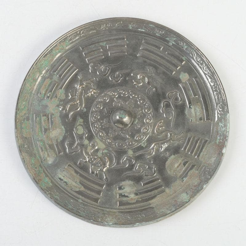 中国　古銅青銅　神獣文　銅鏡　古鏡　紙鎮　文鎮　時代箱付　M　9273E