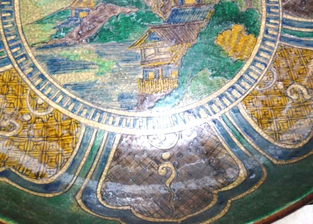 古九谷焼 角福 吉田屋 青手色絵山水大皿～ 希少年代物