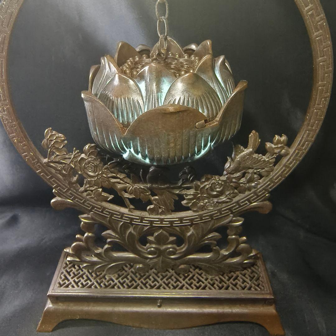 香道具 吊香炉 蓮炉花鳥文 高岡銅器 引出し付 骨董 旧家蔵出し美品 送料無料