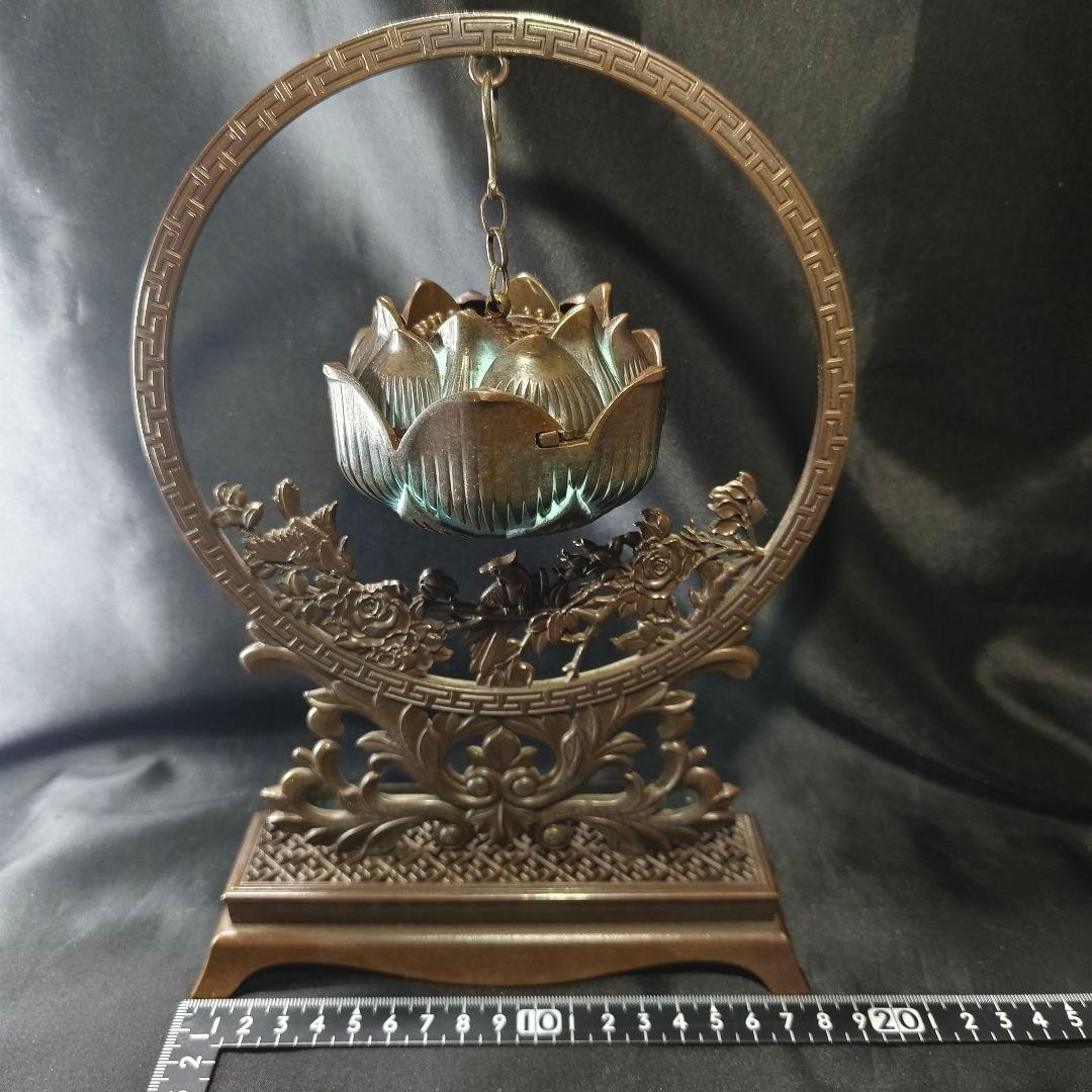 香道具 吊香炉 蓮炉花鳥文 高岡銅器 引出し付 骨董 旧家蔵出し美品 送料無料