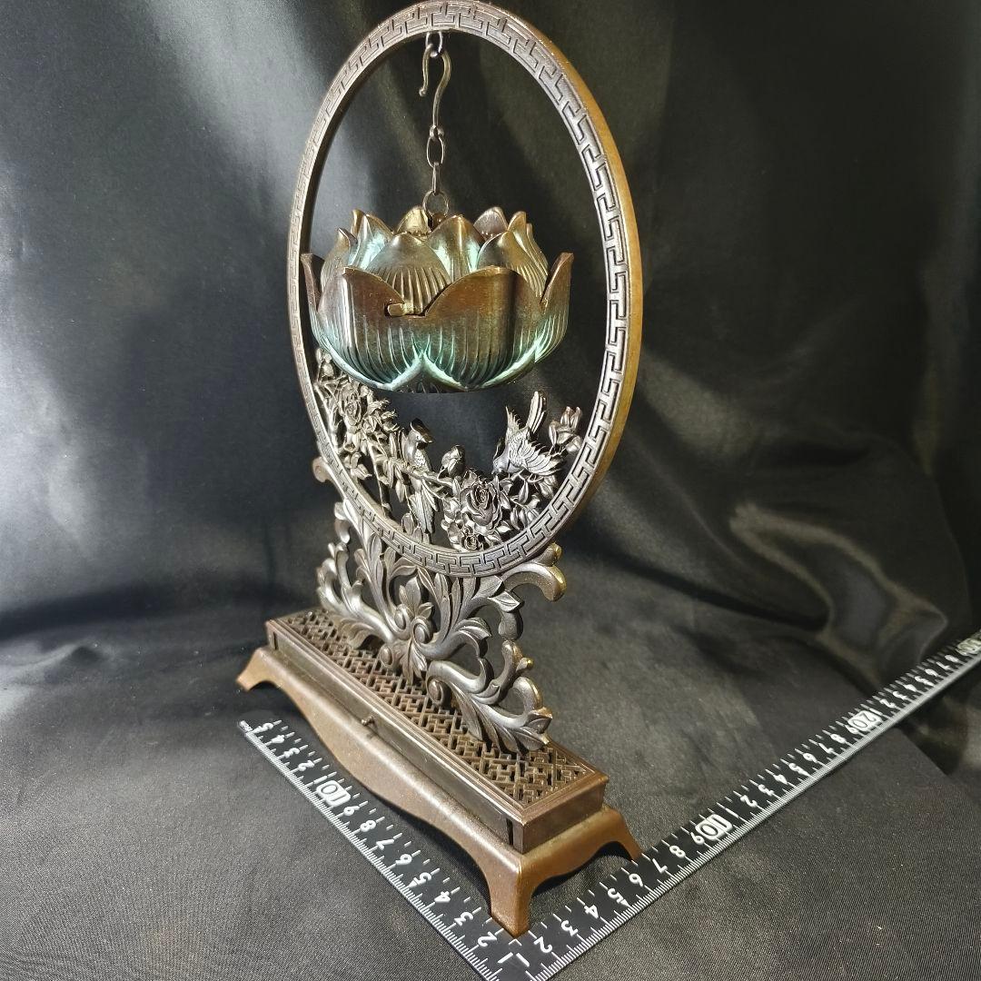 香道具 吊香炉 蓮炉花鳥文 高岡銅器 引出し付 骨董 旧家蔵出し美品 送料無料