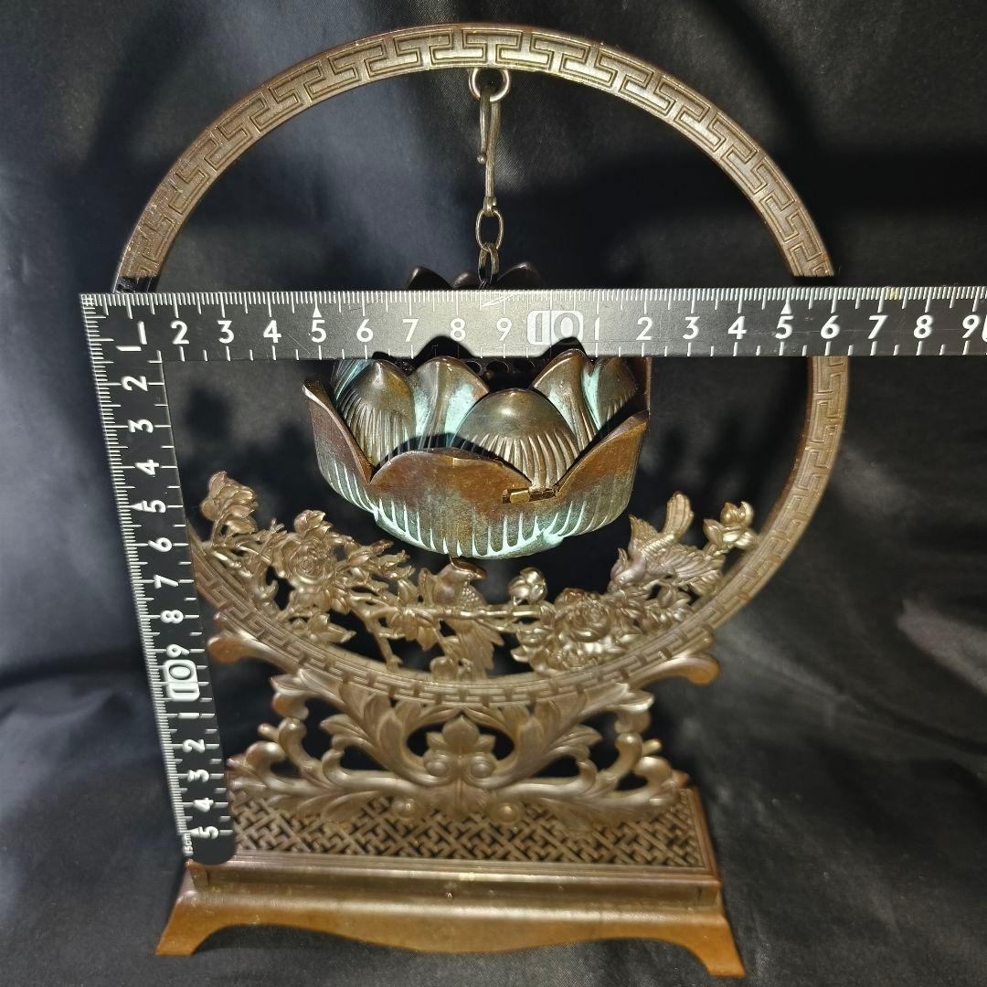 香道具 吊香炉 蓮炉花鳥文 高岡銅器 引出し付 骨董 旧家蔵出し美品 送料無料