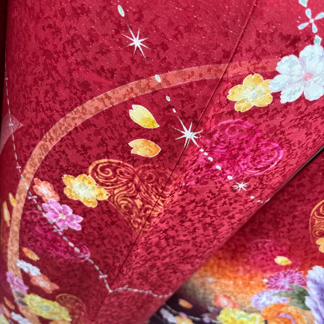 未使用に近い　正絹振袖フルセット　刺繍　金彩　銀通し　ラメオレンジ　牡丹　成人式