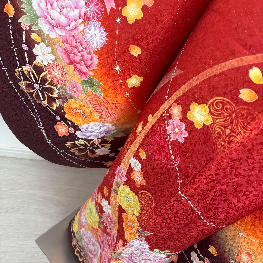 未使用に近い　正絹振袖フルセット　刺繍　金彩　銀通し　ラメオレンジ　牡丹　成人式