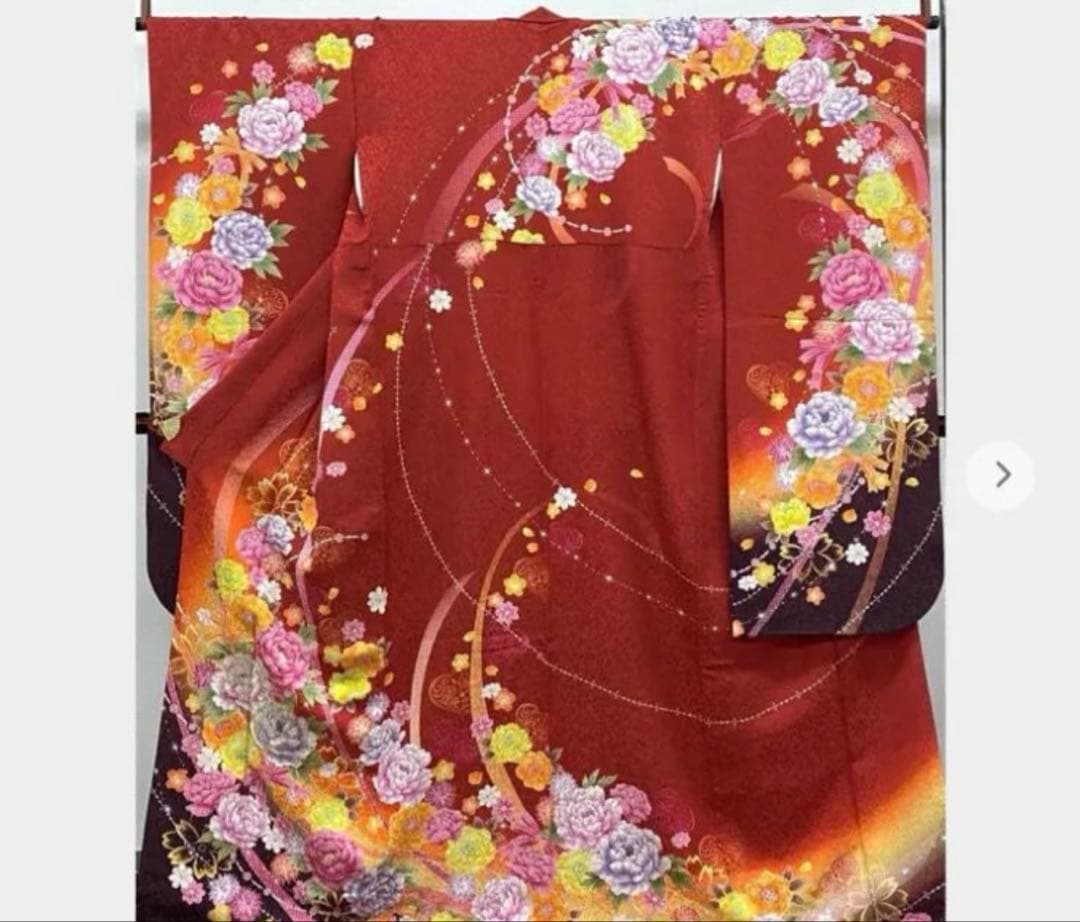 未使用に近い　正絹振袖フルセット　刺繍　金彩　銀通し　ラメオレンジ　牡丹　成人式