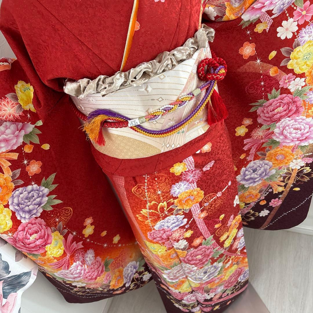 未使用に近い　正絹振袖フルセット　刺繍　金彩　銀通し　ラメオレンジ　牡丹　成人式