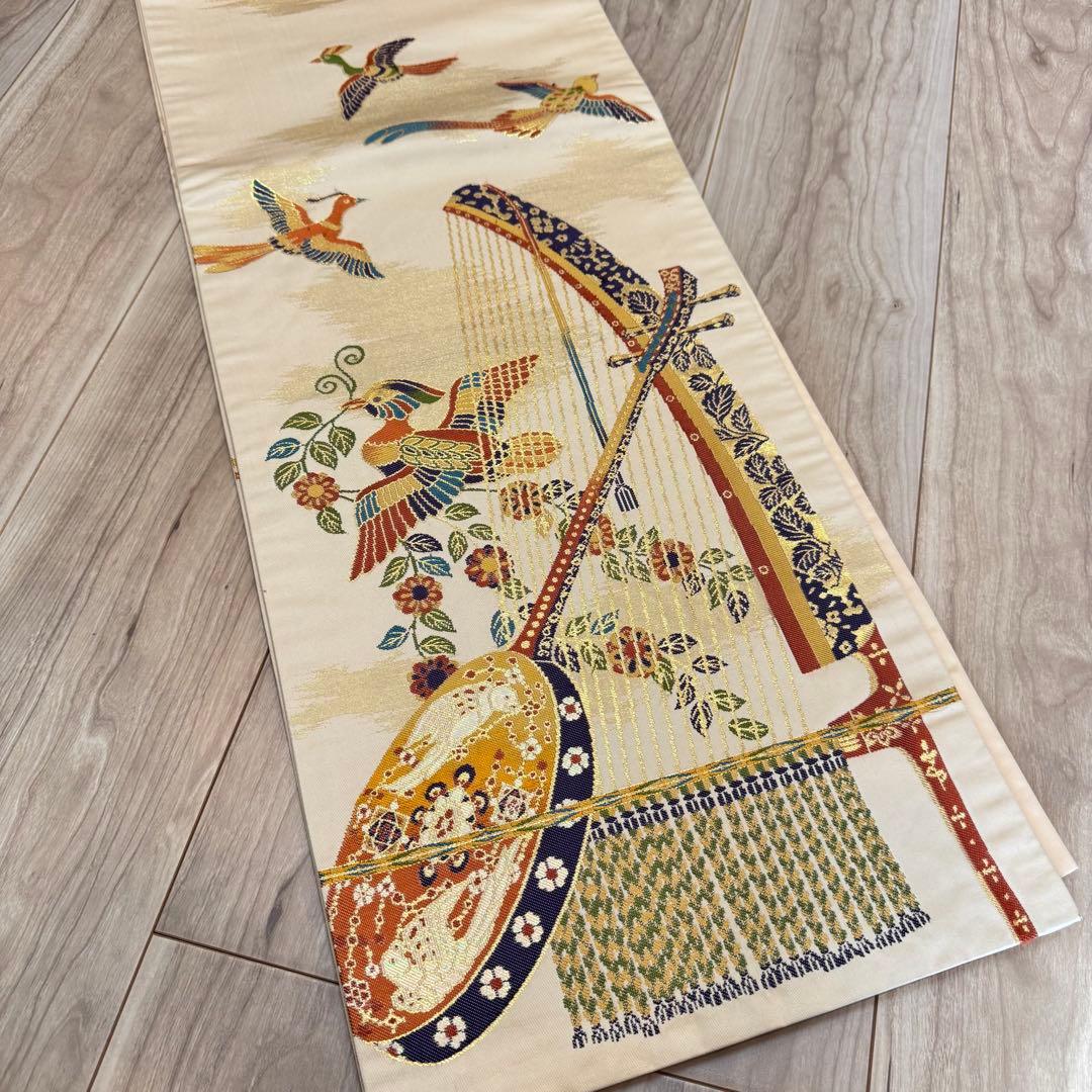 美品　正絹　六通　袋帯　着物　龍村晋　落款 427 橙色　月琴　箜篌　雅楽　金糸