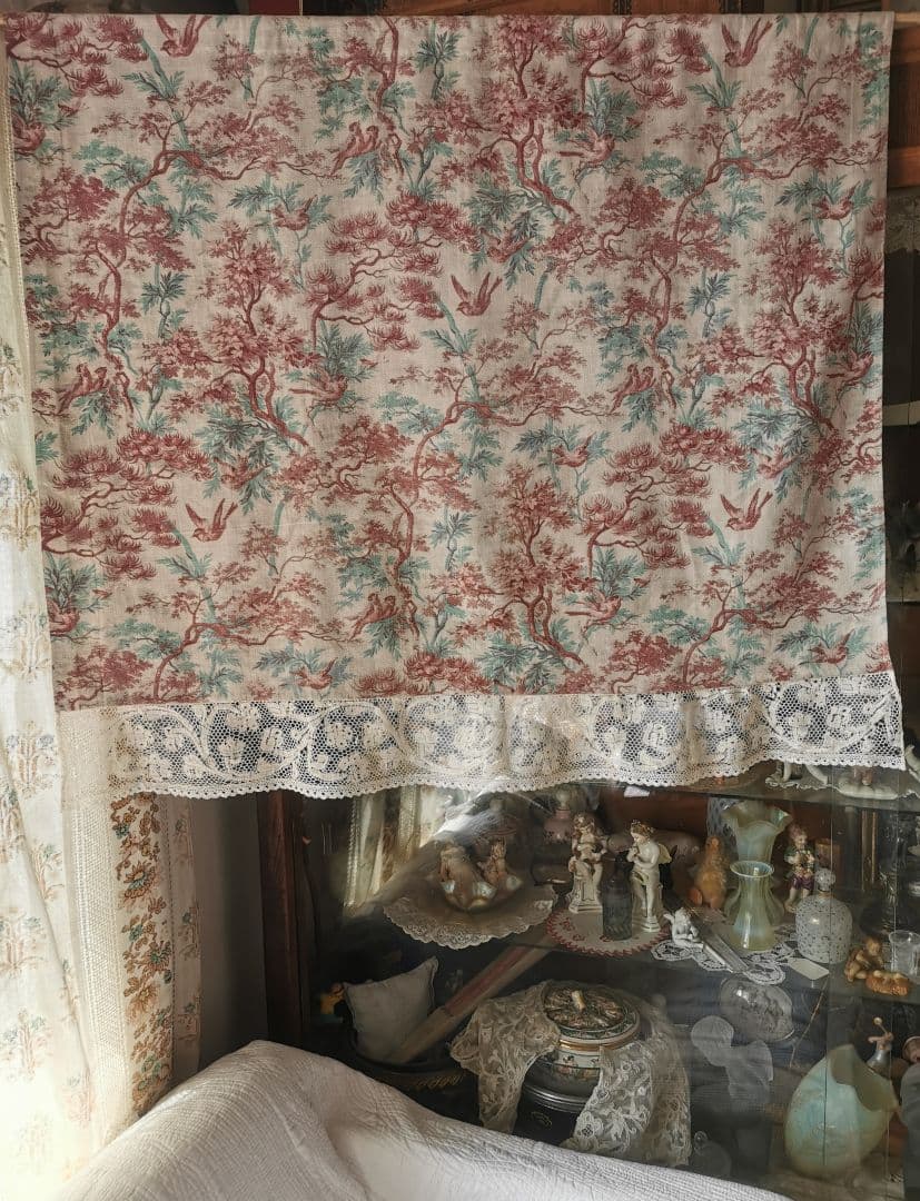 アンティーク 1880年代トワルドジュイ鳥達の森 ミラネーゼレース装飾カーテンβ