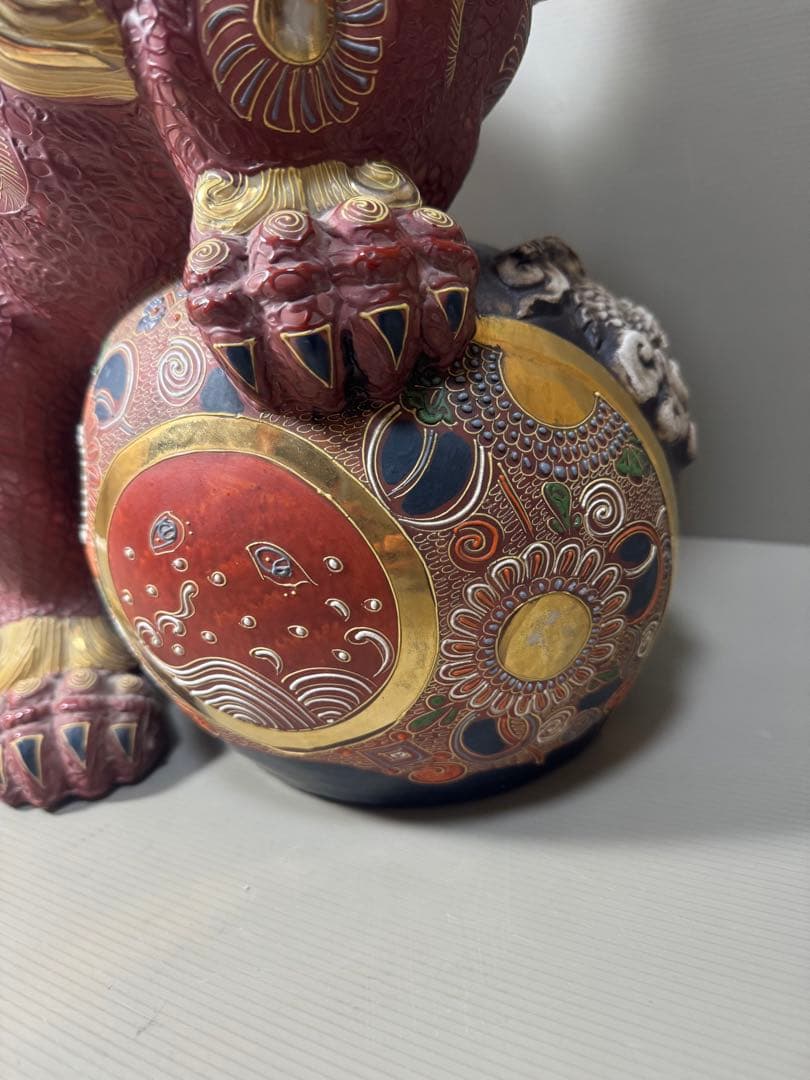 2201  九谷焼 須栄義 金彩 龍文　唐獅子 縁起物 置物