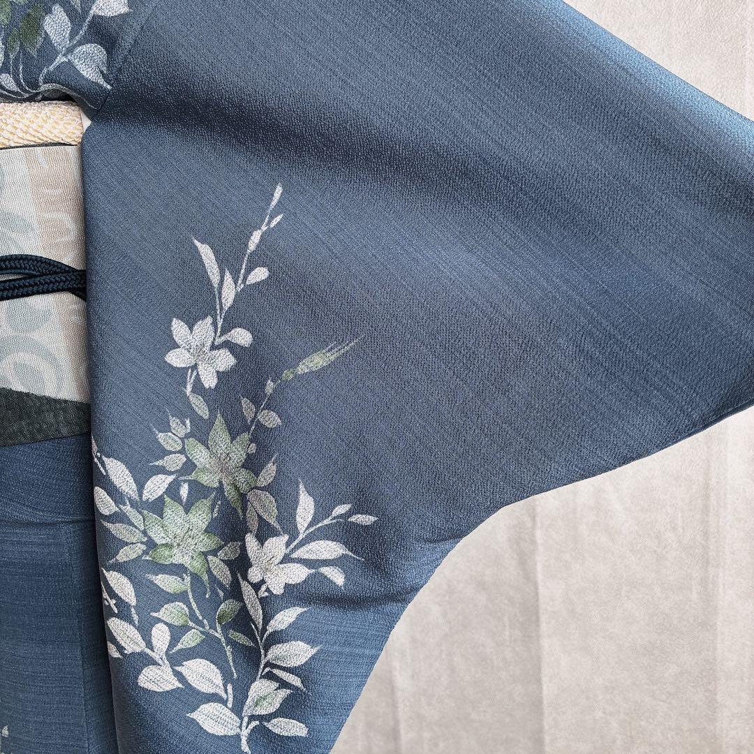 訪問着　フルセット　着物　正絹　紺色　ちりめん　凛やか草花　N3