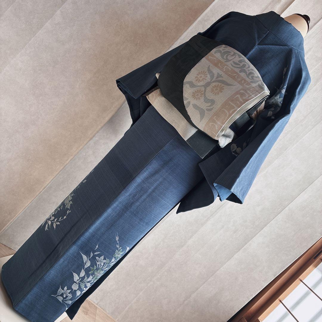 訪問着　フルセット　着物　正絹　紺色　ちりめん　凛やか草花　N3
