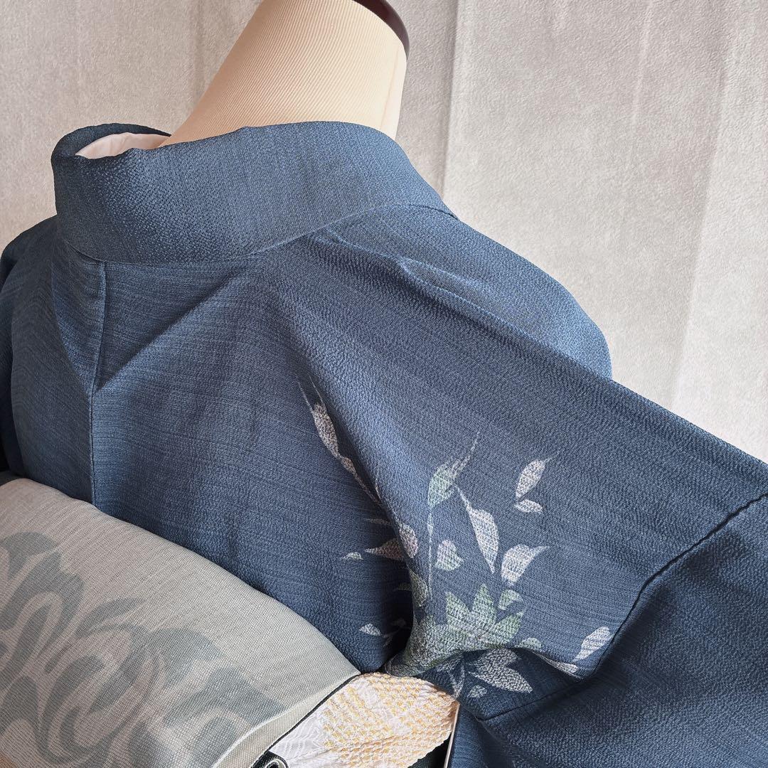 訪問着　フルセット　着物　正絹　紺色　ちりめん　凛やか草花　N3