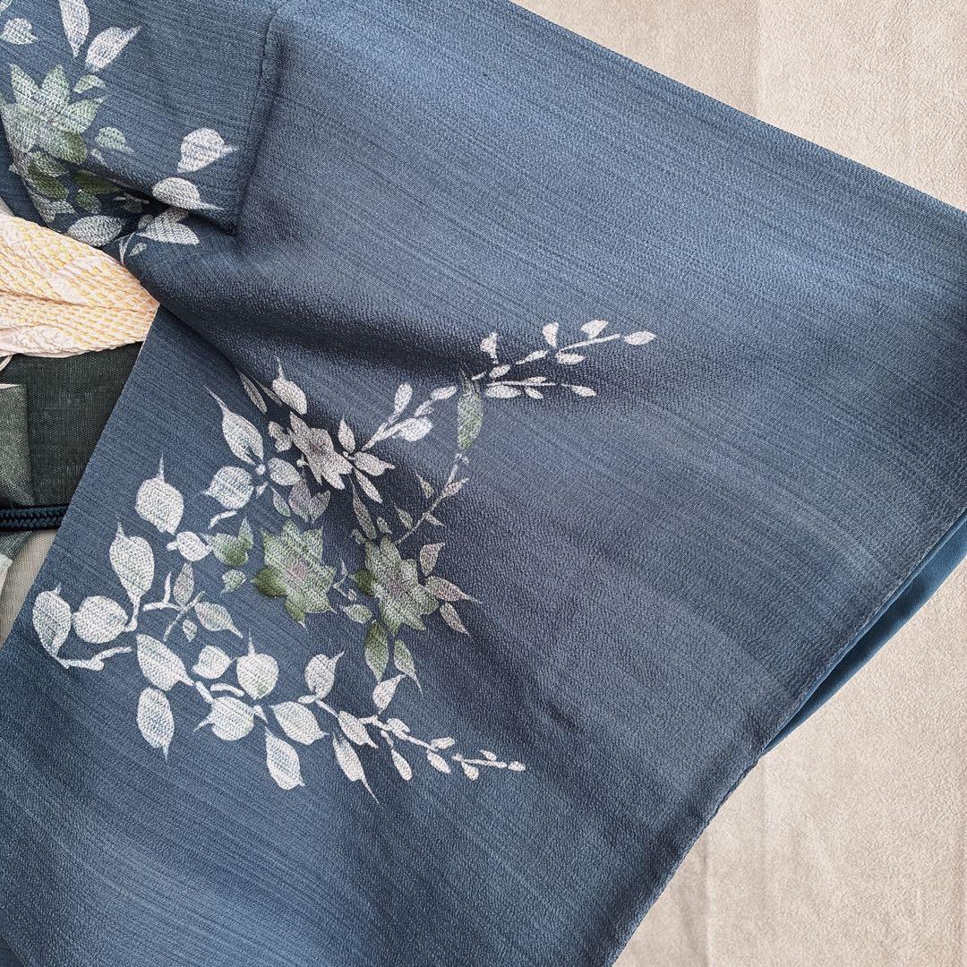 訪問着　フルセット　着物　正絹　紺色　ちりめん　凛やか草花　N3