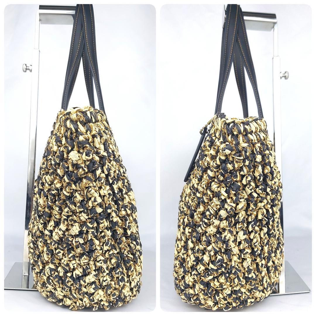 COACH コーチ トートバッグ ストロー かごバッグ スムースレザー ポーチ付